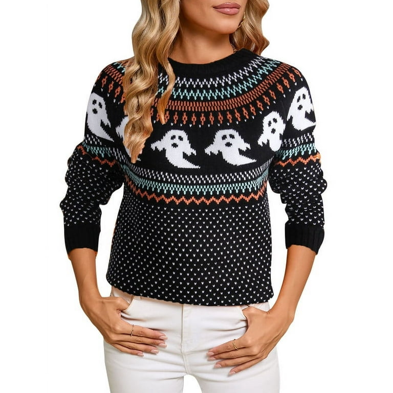 Halloween Sweaters for Women 2024 Ghost Print Pullover Sweater Casual Loose Knitted Crewneck Sweaters Shermie Walmart