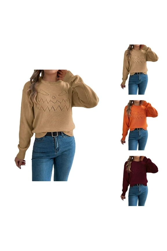 Halloween Sweaters for Women 2025 Pumpkin Face Long Sleeve Crewneck Knitted Jumper Tops Womens Pullover Sweaters