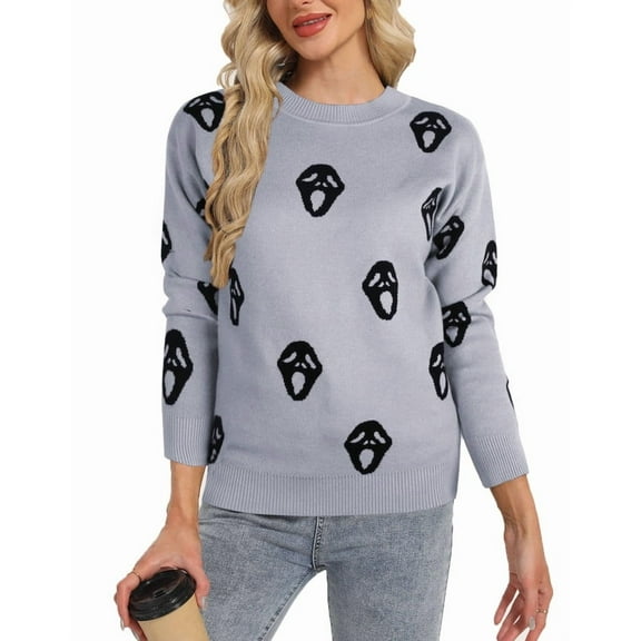 Halloween Sweaters for Women Skulls Printed Trendy Pullover Sweaters Casual Knit Crewneck Sweater Tops Shermie