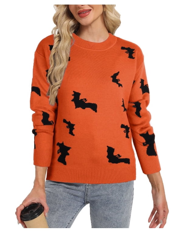 Halloween Sweaters for Women Trendy Bats Printed Pullover Sweaters Casual Knit Crewneck Sweater Tops Shermie