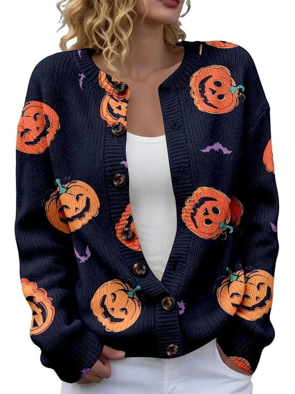Halloween Sweaters for Women Button Up Long Sleeve Knitted Cardigan Pumpkin Ghost Casual Holiday Party Tops