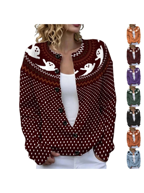 Halloween Sweaters for Women Casual Knitted Cardigan Pullover Cute Spooky Ghost Fall Button Down Sweater Tops Red L