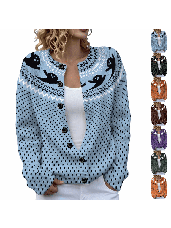 Halloween Sweaters for Women Fall Cardigans Holiday Graphic Long Sleeve Knit Button Down Sweatshirt Tops