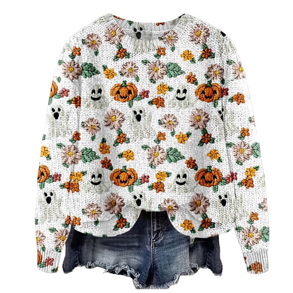 Halloween Sweaters for Women Fashion Funny Pumpkin Graphic Crewneck Knitted Pullover Tops Autumn Daily Look