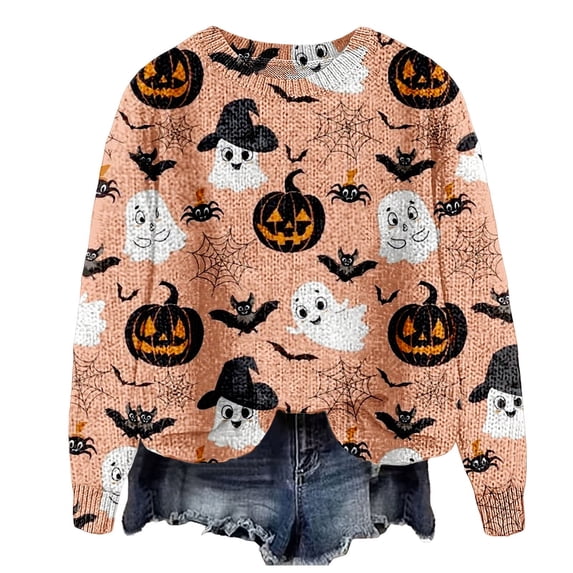 Halloween Sweaters for Women Fashion Funny Pumpkin Graphic Crewneck Knitted Pullover Tops Autumn Daily Look