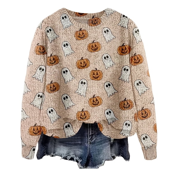 Halloween Sweaters for Women Fashion Graphic Print Long Sleeve Knit Pullover Tops Everyday Casual Look