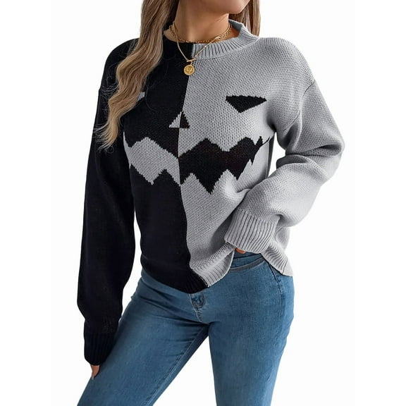 Halloween Sweaters for Women Funny Long Sleeve Knitted Pullover Cute Ghost Crew Neck Shirts Fall Outfits Grey L