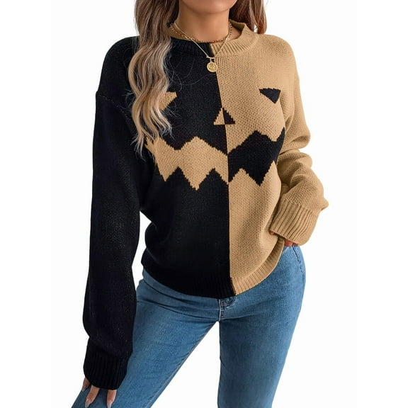 Halloween Sweaters for Women Funny Long Sleeve Knitted Pullover Cute Ghost Crew Neck Shirts Fall Outfits Khaki L