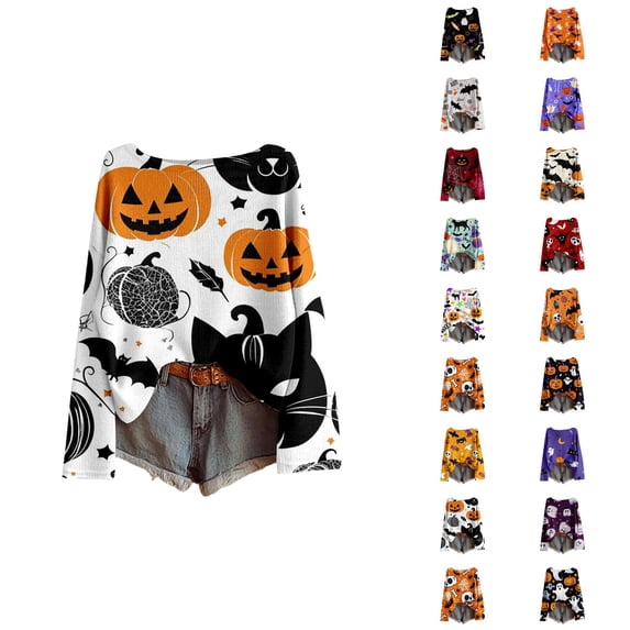 Halloween Sweaters for Women Long Sleeve Funny Print Crewneck Drop Shoulder Oversized Pullover Sweater Knit Tops