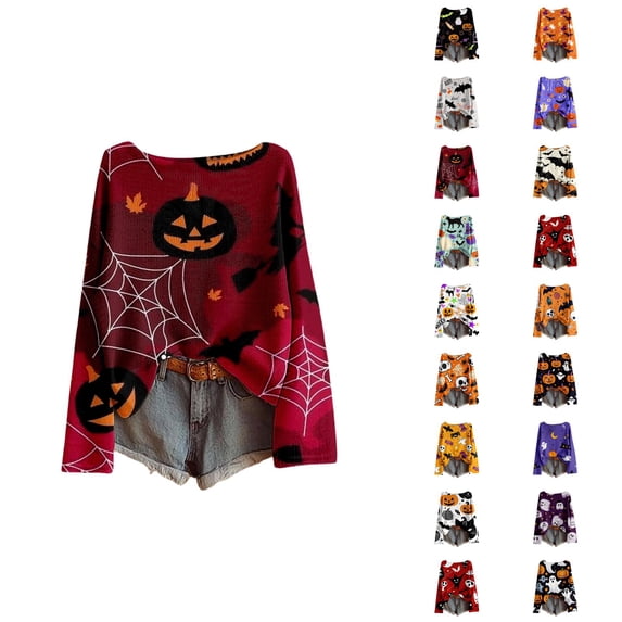 Halloween Sweaters for Women Long Sleeve Funny Print Crewneck Drop Shoulder Oversized Pullover Sweater Knit Tops