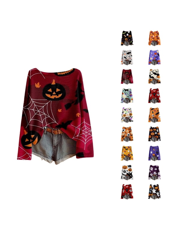 Halloween Sweaters for Women Long Sleeve Funny Print Crewneck Drop Shoulder Oversized Pullover Sweater Knit Tops