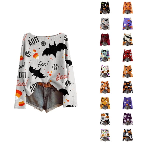 Halloween Sweaters for Women Long Sleeve Funny Print Crewneck Drop Shoulder Oversized Pullover Sweater Knit Tops