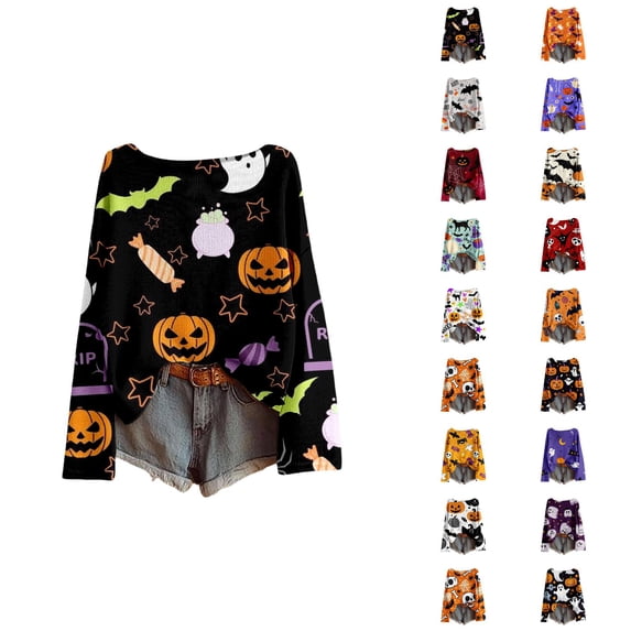 Halloween Sweaters for Women Long Sleeve Funny Print Crewneck Drop Shoulder Oversized Pullover Sweater Knit Tops