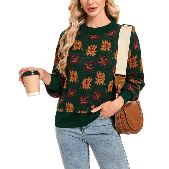 Halloween Sweaters for Women Maple Leaves Print Crewneck Fall Winter Knitted Pullover Sweater Warm Long Sleeve Casual Knit Sweaters Alsol Lamesa