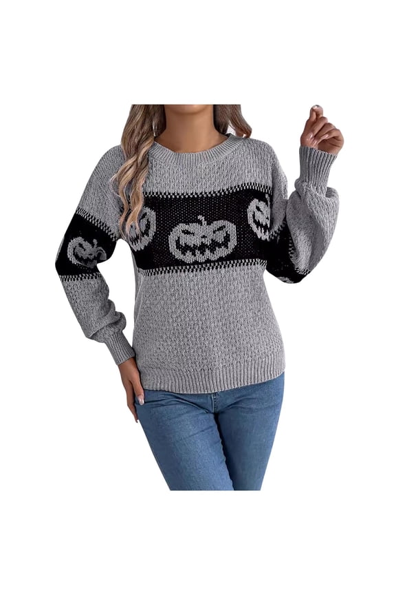 Halloween Sweaters for Women Pumpkin Face Graphic Sweater Loose Casual Long Sleeve Pullover Top #03 Grey Size L