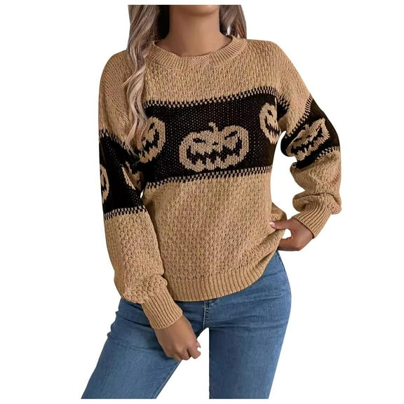 Halloween Sweaters for Women Pumpkin Face Graphic Sweater Loose Casual Long Sleeve Pullover Top #03 Khaki Size M