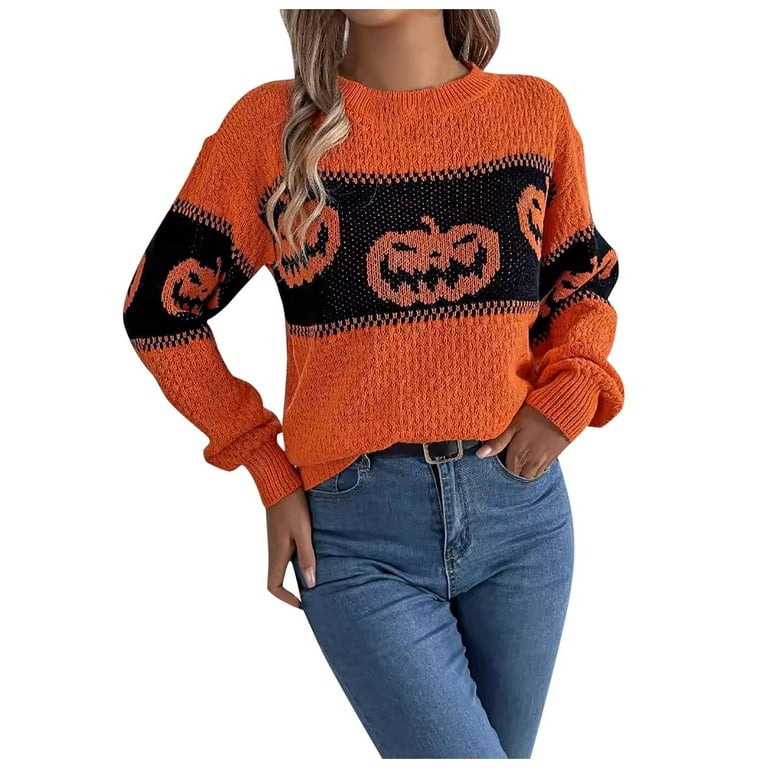 Halloween Sweaters for Women Pumpkin Face Graphic Sweater Loose