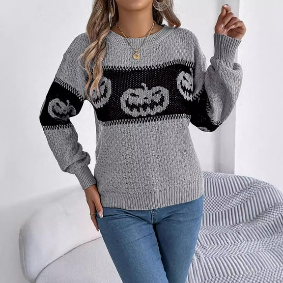 Halloween Sweaters for Women Pumpkin Graphic Head Fair Isle Crew Neck Sweater Loose Comfortable Fall Winter Long Sleeve Pullovers Top Multicolor