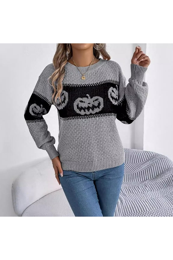 Halloween Sweaters for Women Pumpkin Graphic Head Fair Isle Crew Neck Sweater Loose Comfortable Fall Winter Long Sleeve Pullovers Top Multicolor