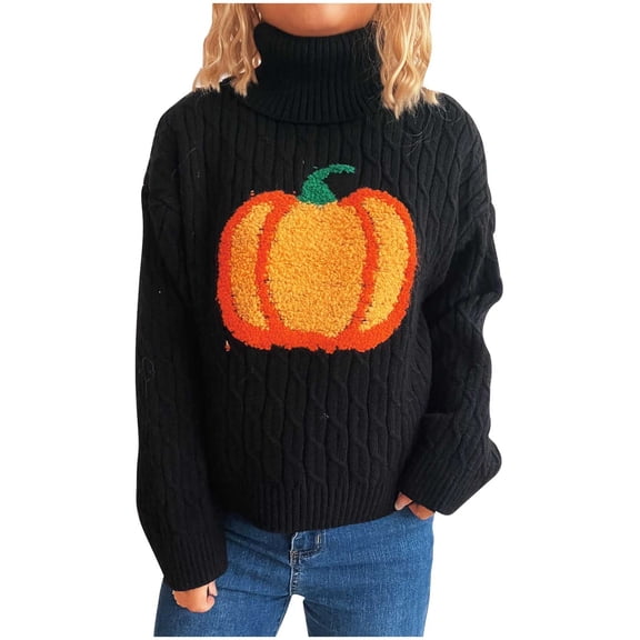 Halloween Sweaters for Women Pumpkin Print Winter Long Sleeve Pullover Sweater Crew Neck Oversized Tops