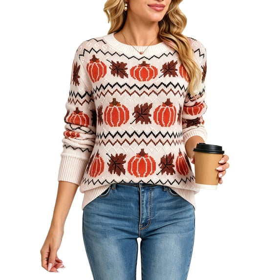 Halloween Sweaters for Women 2026 Fall Pumpkin Knit Pullover Sweater Fair isle Crewneck Beige Sweaters Shermie