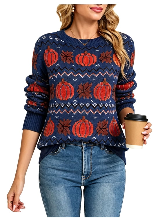 Halloween Sweaters for Women 2026 Fall Pumpkin Knit Pullover Sweater Fair isle Crewneck Navy Blue Sweaters Shermie