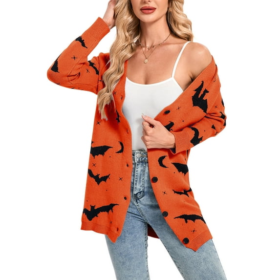 Halloween Sweaters for Women V Neck Open Front Button Down Cardigan Bat Printed Long Sleeve Mid Length Cardigans Alsol Lamesa