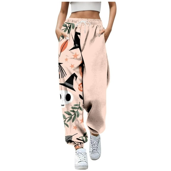 Halloween Sweatpants Women Cute Funny Pumpkin Ghost Graphic Print Joggers Drawstring Casual Tapered Pants with Pockets Z002-White M