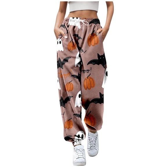 Halloween Sweatpants Women Cute Funny Pumpkin Ghost Graphic Print Joggers Drawstring Casual Tapered Pants with Pockets Z003-Coffee M