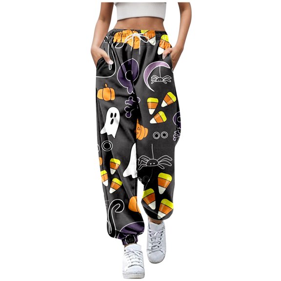 Halloween Sweatpants Women Cute Funny Pumpkin Ghost Graphic Print Joggers Drawstring Casual Tapered Pants with Pockets Z003-Grey M