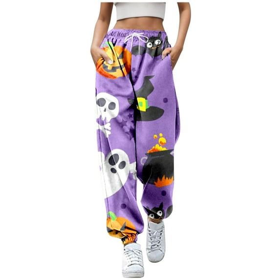 Halloween Sweatpants Women Cute Funny Pumpkin Ghost Graphic Print Joggers Drawstring Casual Tapered Pants with Pockets Z003-Purple M