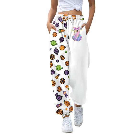 Halloween Sweatpants for Women Trendy Ghost Funny Print Drawstring Waist | Wide Leg Pants Loose Pocket Lounge Joggers Mint Green S