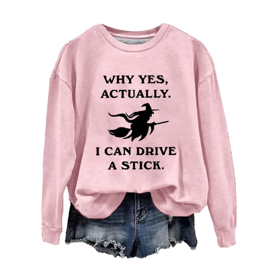 Halloween Sweatshirt BWASD Witch Graphic Plus Size Crewneck Sweatshirt for Women I Can Drive A Stick Print Long Sleeve Loose Pullover Top Halloween Party Outfit |Pink,2XL