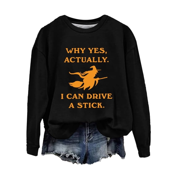 Halloween Sweatshirt BWASD Witch Graphic Plus Size Crewneck Sweatshirt for Women I Can Drive A Stick Print Long Sleeve Loose Pullover Top Halloween Party Outfit |Black,L