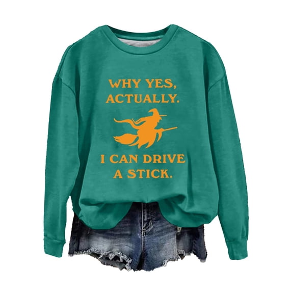 Halloween Sweatshirt BWASD Witch Graphic Plus Size Crewneck Sweatshirt for Women I Can Drive A Stick Print Long Sleeve Loose Pullover Top Halloween Party Outfit |Green,2XL