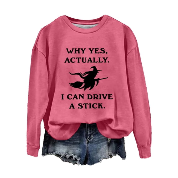 Halloween Sweatshirt BWASD Witch Graphic Plus Size Crewneck Sweatshirt for Women I Can Drive A Stick Print Long Sleeve Loose Pullover Top Halloween Party Outfit |Hot Pink,L