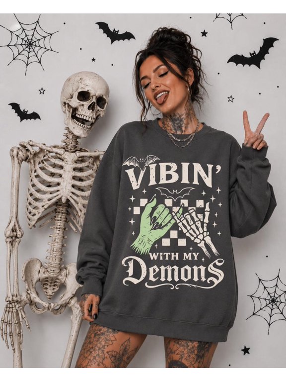 Halloween Sweatshirt, Demons Crewneck, Retro Spooky Sweatshirt, Skeleton Witchy Halloween Sweater