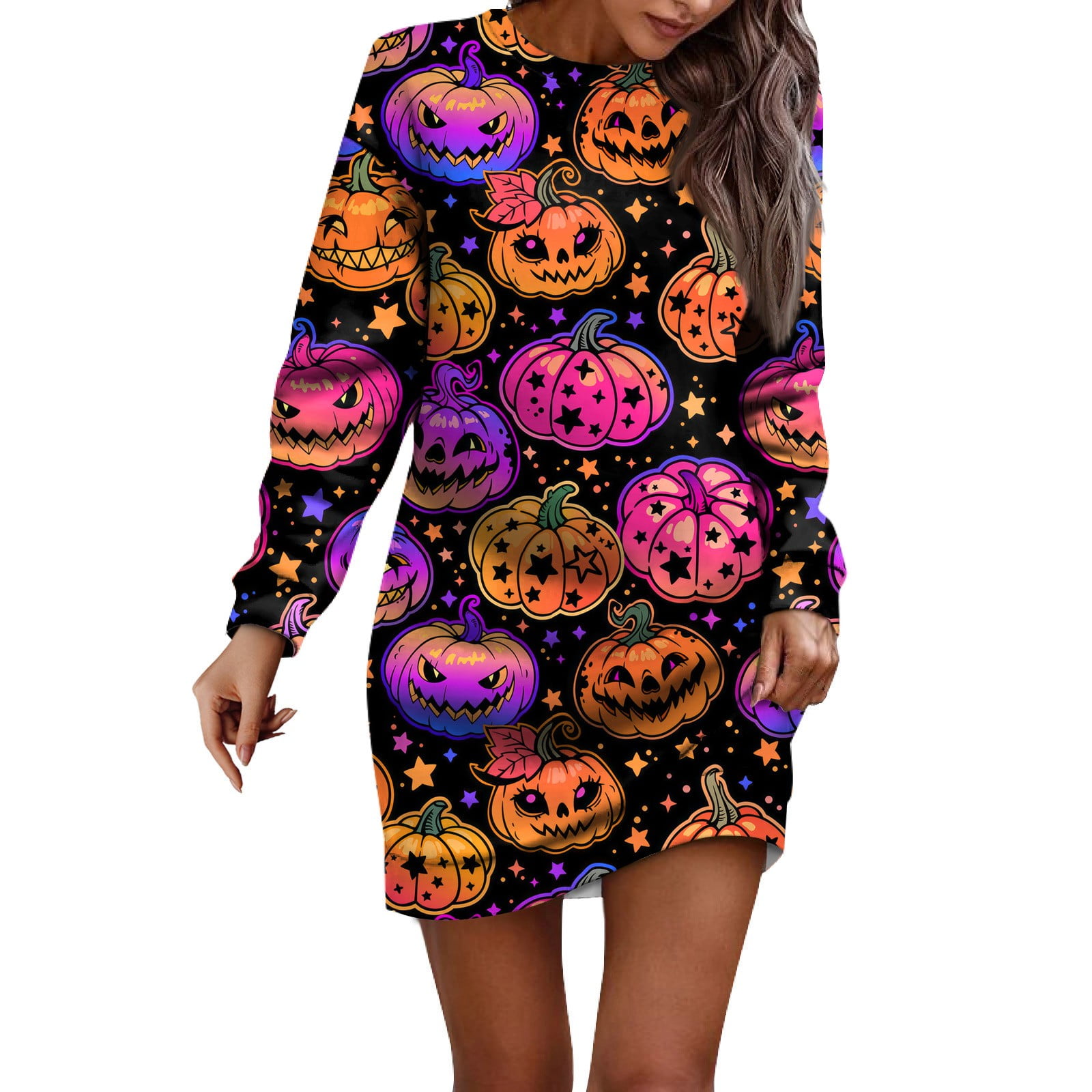 Halloween Sweatshirt Dress for Women 2024 Pumpkin Bats Print Dresses Long Sleeve Crewneck Mini Dresses Casual Pullover Dress Fall Outfits for Women 2024 Medium Walmart