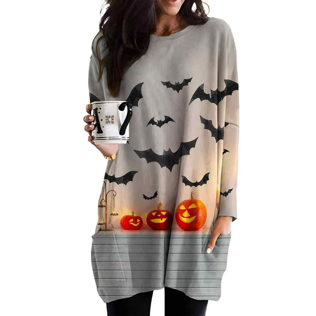 Halloween Sweatshirt Dress for Women 2024 Pumpkin Bats Print Tunic Tops