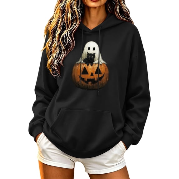 Halloween Sweatshirt Fall Womens Hoodies Ghost Pumpkin Graphic Pullover Casual Long Sleeved Hooded Sweatshirt with Pockets Halloween Holiday Clothes