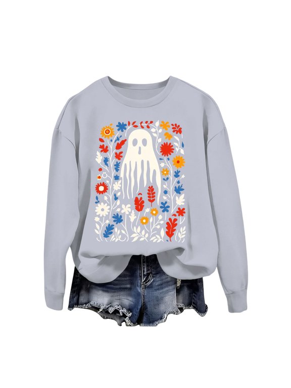 Halloween Sweatshirt Novelty Flower and Ghost Graphic Long Sleeve Pullover Tops for Women Halloween Outfits (Grey S)