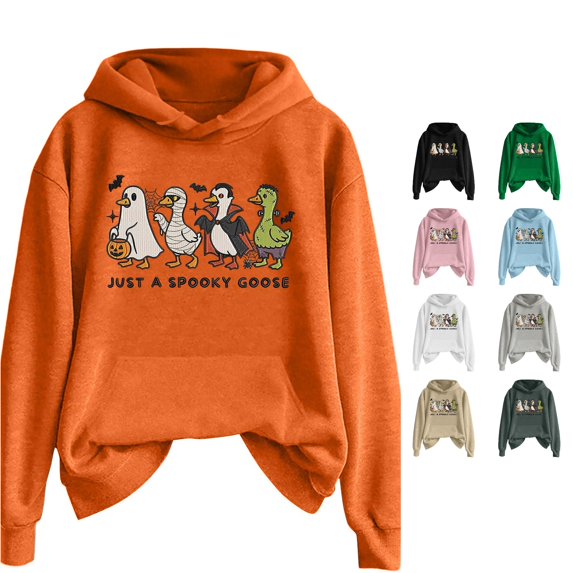 Halloween Sweatshirt for Women Autumn Winter Solid Color Halloween Printing Hooded Sweater for Women and Men with Long Sleeves and Pockets Casual Everyday Wear Cozy Top Orange L