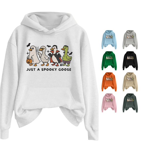 Halloween Sweatshirt for Women Autumn Winter Solid Color Halloween Printing Hooded Sweater for Women and Men with Long Sleeves and Pockets Casual Everyday Wear Cozy Top White S