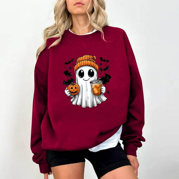 Halloween Sweatshirt Women Funny Cute Ghost Printed Sweatshirts Long Sleeve Crewneck Oversized Pullover Tops Spooky Season Festival Shirt 2025 Fall Winter Family OutfitsXdegoge