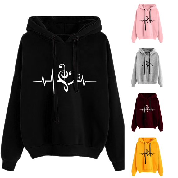 Halloween Sweatshirt for Women Hoodies Sweatshirts Oversized Streetwear Pullover Hoodie with Music Note Design Casual Comfortable Blend for Fall and Winter Loose Fit Long Sleeve Sweatshirt Black 3XL