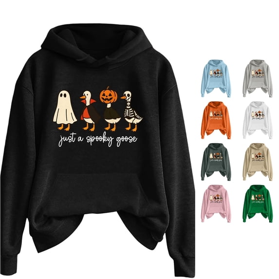 Halloween Sweatshirt for Women Just A Goose Womens Mens Halloween Printed Pullover Hoodie Long Sleeve Solid Color Sweatshirt With Front Pocket For Autumn Winter Casual Wear Black XL