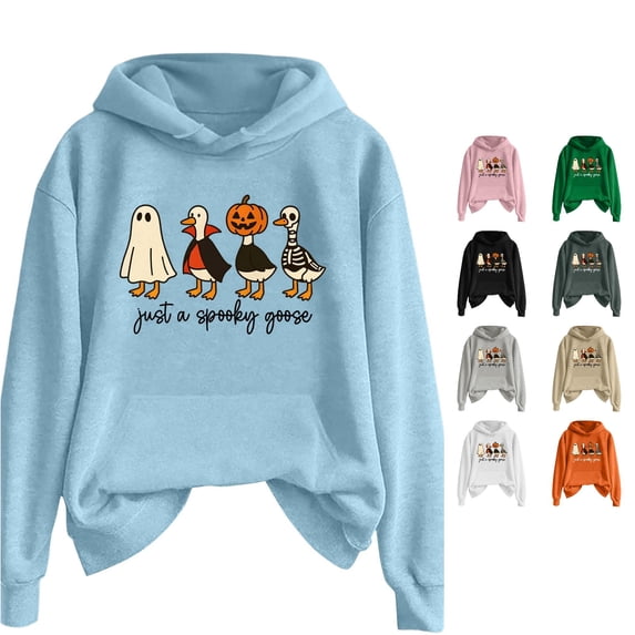 Halloween Sweatshirt for Women Just A Goose Womens Mens Halloween Printed Pullover Hoodie Long Sleeve Solid Color Sweatshirt With Front Pocket For Autumn Winter Casual Wear Light Blue XXL
