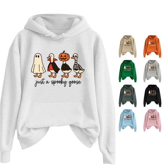Halloween Sweatshirt for Women Just A Goose Womens Mens Halloween Printed Pullover Hoodie Long Sleeve Solid Color Sweatshirt With Front Pocket For Autumn Winter Casual Wear White L