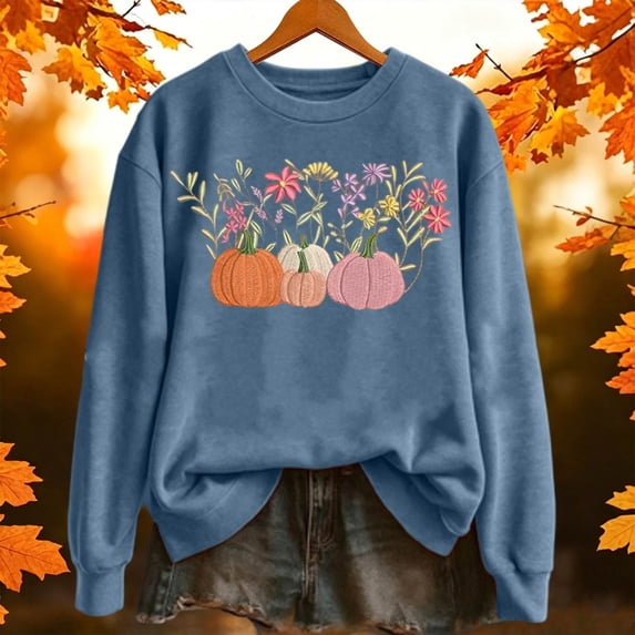 Halloween Sweatshirt for Women Oversized Charming Floral Pumpkin Embroidered Crewneck Sweatshirt with Fall Harvest Loose Fit Pullover Tops Light Blue M