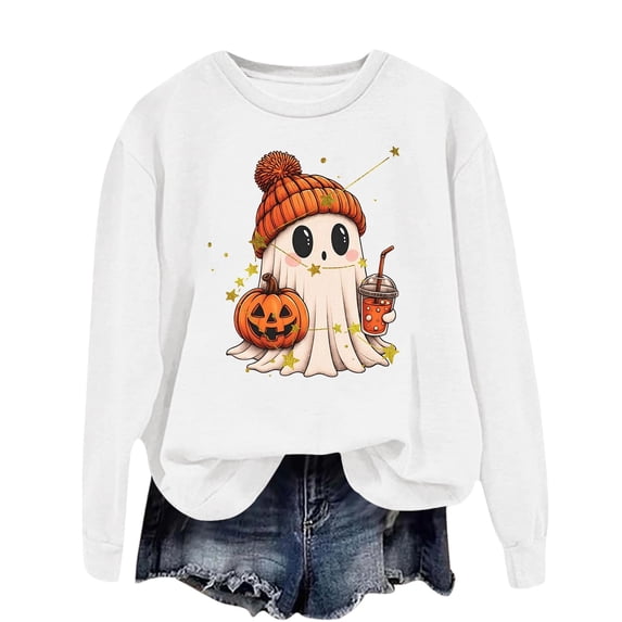 Halloween Sweatshirt for Women Oversized Fall Graphic Tees Cute Ghost Pumpkin Scary Printed Long Sleeve Pullover Soft Cozy Casual Fun Tops Vacation Fall Fashion Must Haves White 3XL